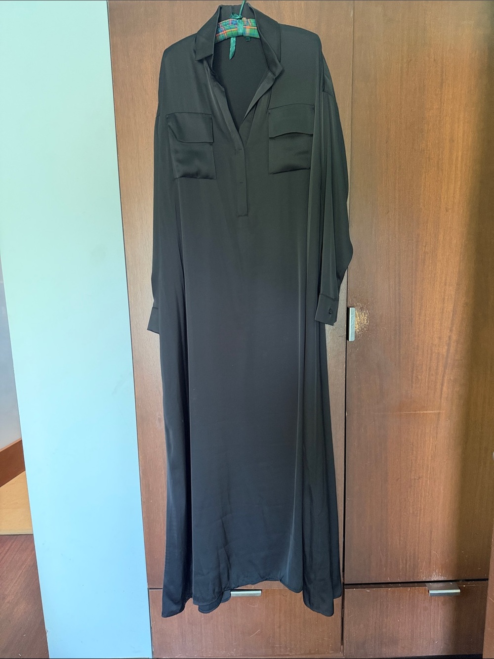 Black Long Maxi Shirt Dress with Chest Pockets